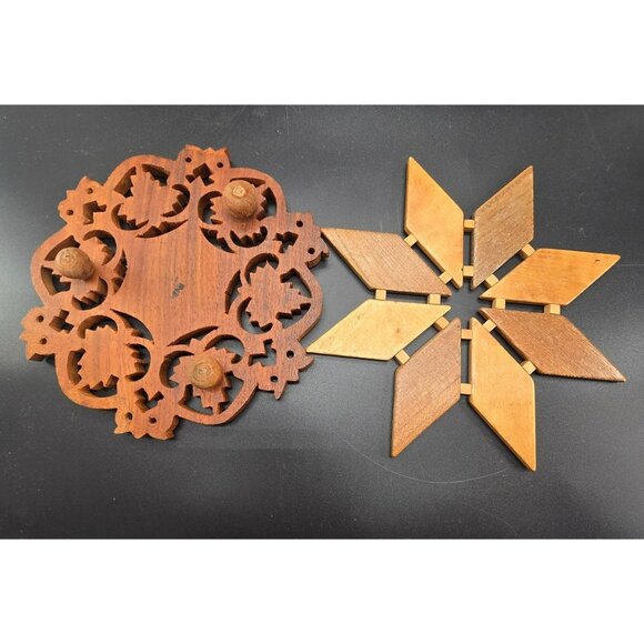 Handcrafted Wooden Trivets With Intricate Leaf & Star Designs - Set Of 2 JJ3841 - Picture 6 of 6
